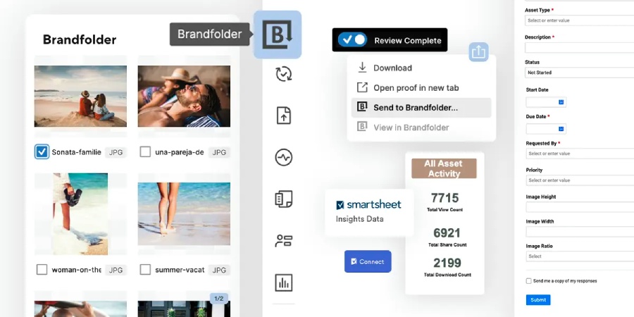 Smartsheets’ Brandfolder interface showing thumbnails of images on the leftmost panel and file management options, like "Download", "Open proof in new tab", and "Send to Brandfolder," on the right.