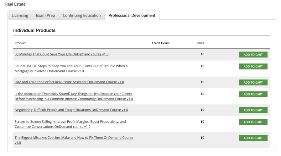 Screenshot of available professional development courses.