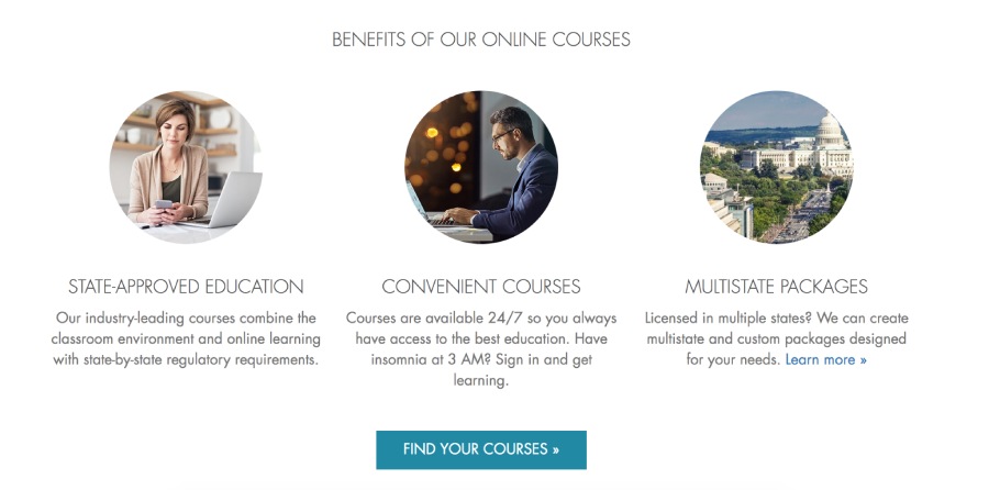 Screenshot of photo icons outlining benefits of online learning.