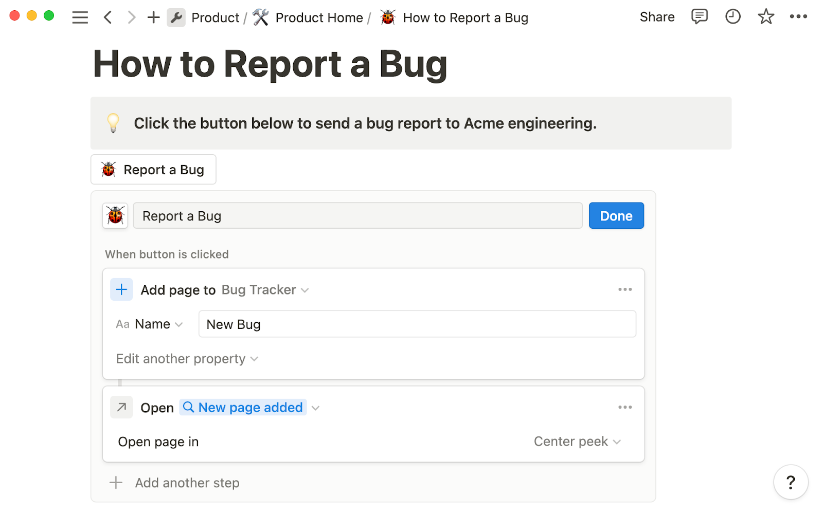 The Notion interface shows the configurations for creating a button for reporting a bug.