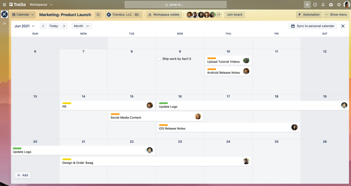 The Trello interface shows the calendar view.