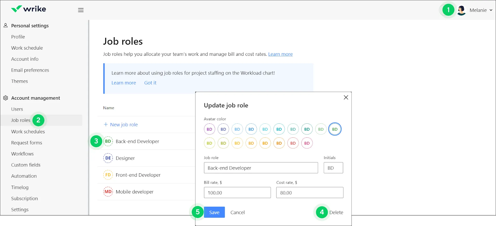 The Wrike interface shows the "Job roles" feature with a dialog box for updating a job role.