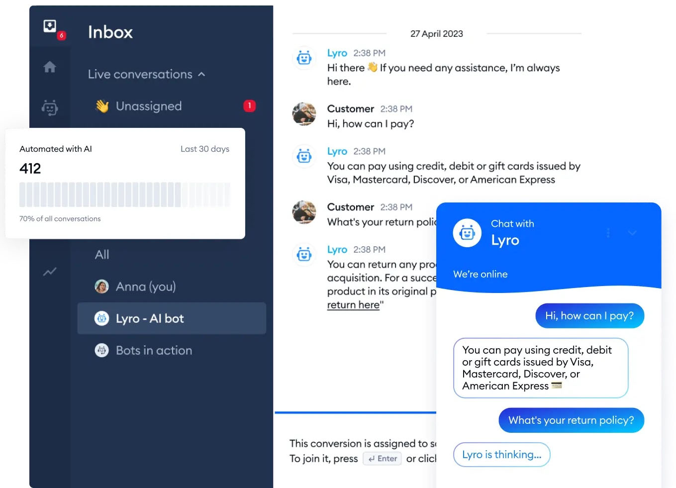 Tracking the service inbox and AI chatbot conversations in Tidio.