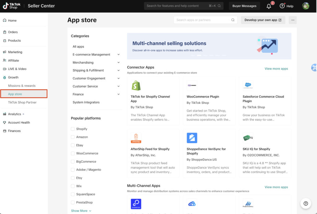 TikTok Shop App store showing available ecommerce integrations.