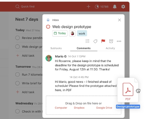 Viewing a comment and adding a file to a task in Todoist.