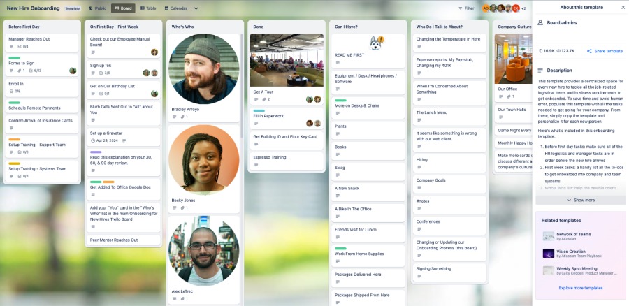 A Trello board titled "New Hire Onboarding."