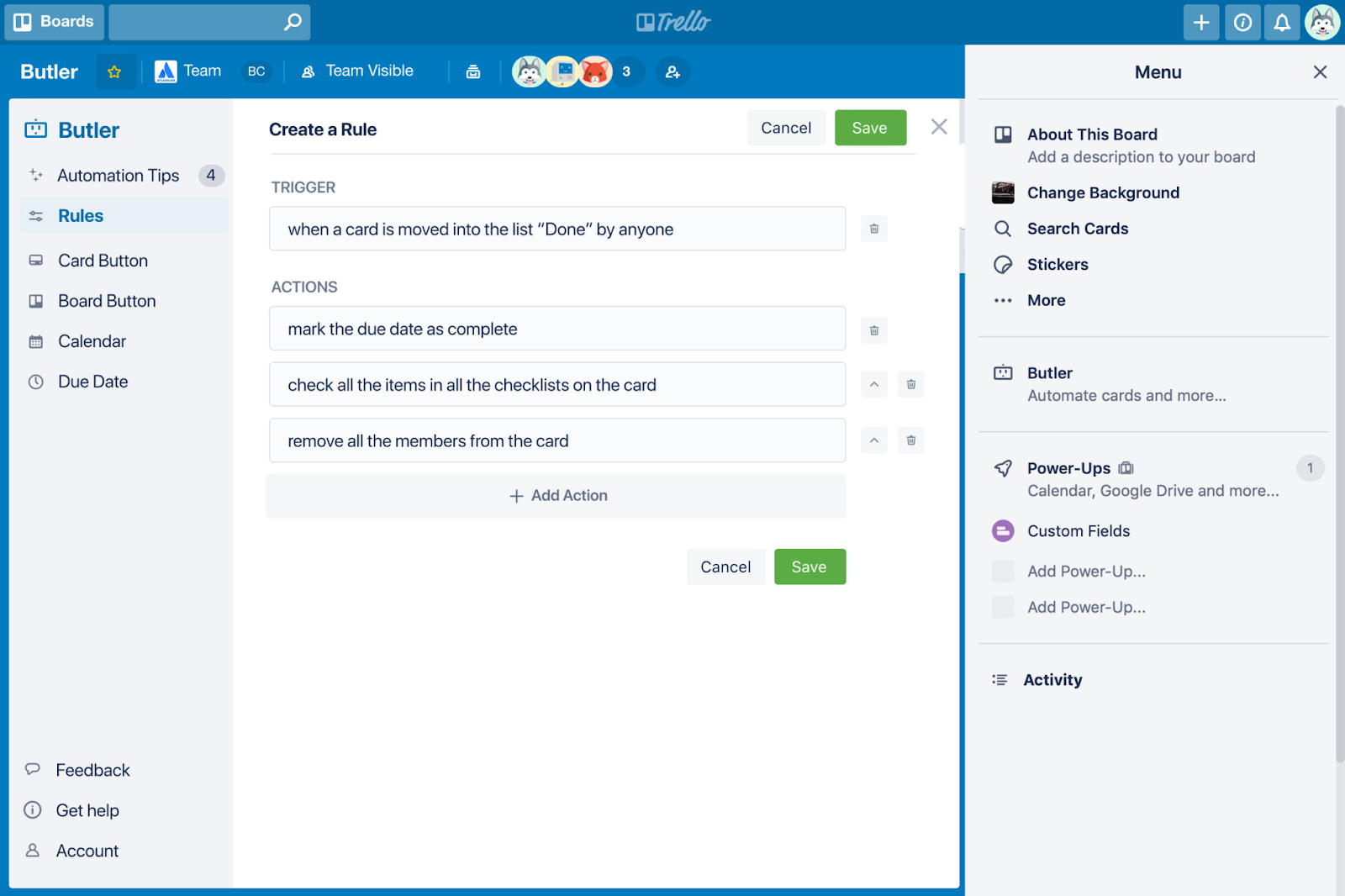 Trello's interface for creating automation rules.