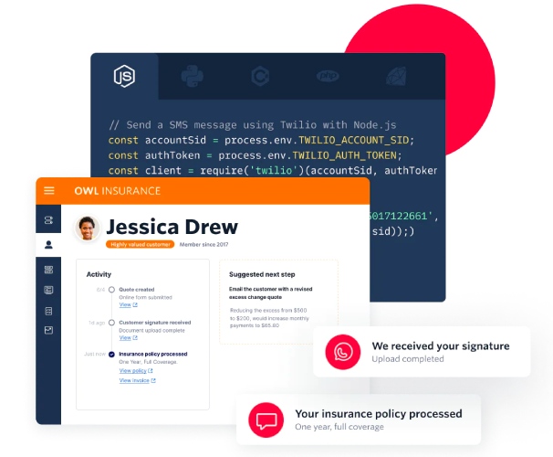 A software window labeled "Owl Insurance" showing a list of activities under a customer named "Jessica Drew," notification boxes for an insurance policy processed and one’s signature received, and a Twilio API sandbox in the background