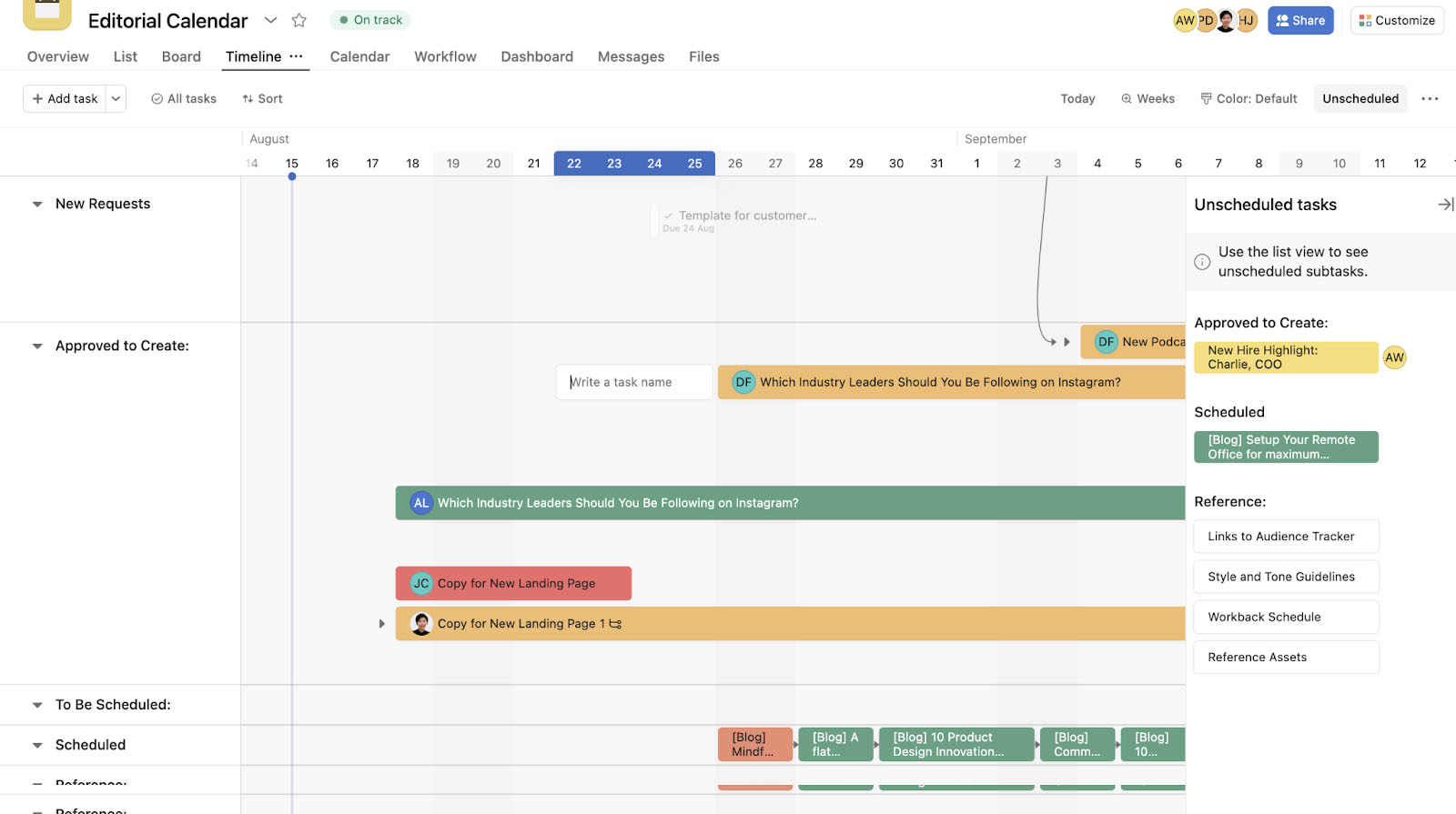 Unscheduled tasks section on Asana timeline view.