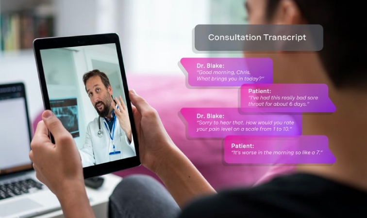 A man holding a tablet that shows a doctor on the screen and a thread of chat bubbles with the heading "Consultation Transcript"