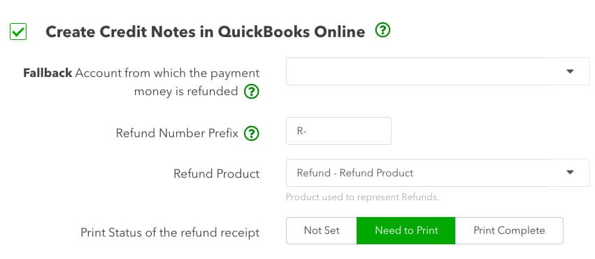 Screen in WooCommerce Connector where you can set up credit note creation in QuickBooks Online for cancelled orders in WooCommerce.