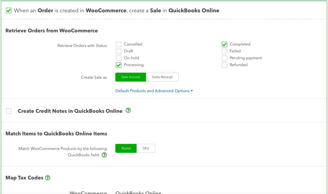 Screen in WooCommerce Connector where you can set up order syncing from WooCommerce to QuickBooks Online.