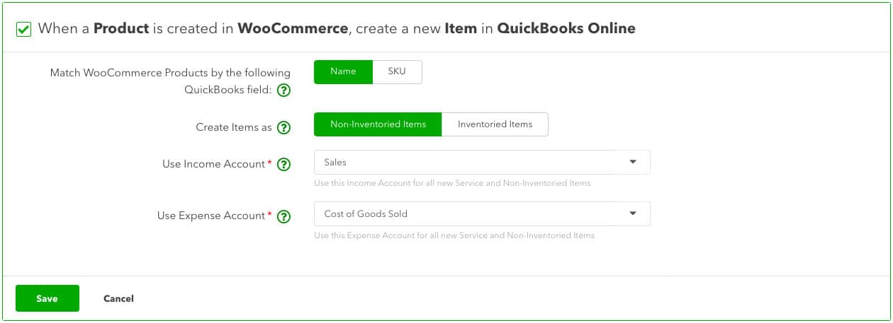 Screen in WooCommerce Connector where you can set up product syncing from WooCommerce to QuickBooks Online.