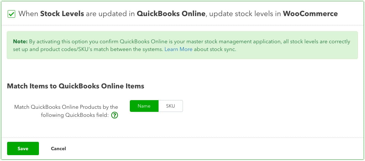 Screen in WooCommerce Connector where you can set up stock level syncing from QuickBooks Online to WooCommerce.