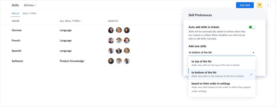 An example of how Zoho Desk users can set up skill-based ticket routing to customer service reps.