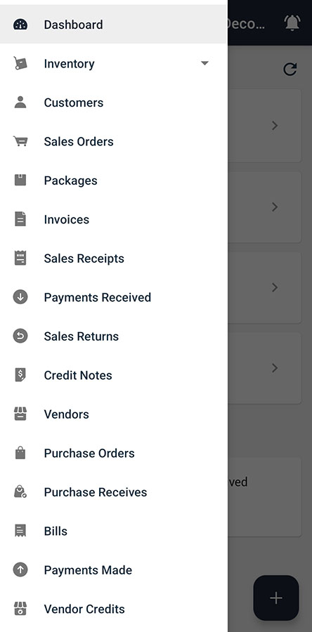 Zoho Inventory mobile app with list of app functions.