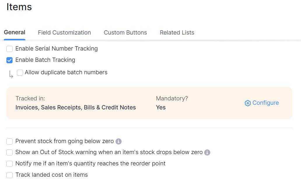 Zoho Inventory options for stock warning and reorder point.