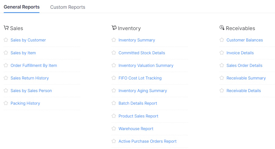 Options for various Zoho Inventory reports.