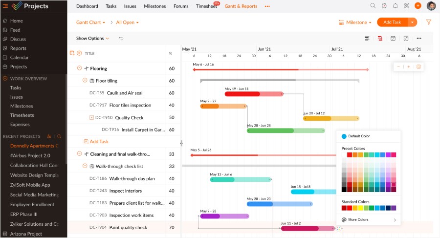 Zoho Projects interface showing a Gantt chart and a color palette menu for the task bars.