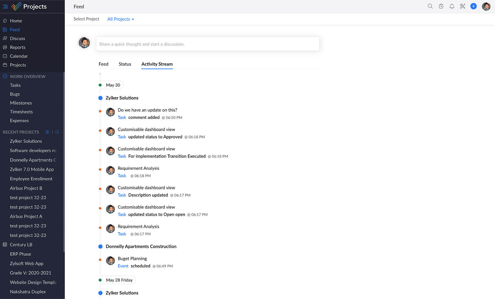 Zoho Projects timeline view with project activity stream arranged in chronological order.
