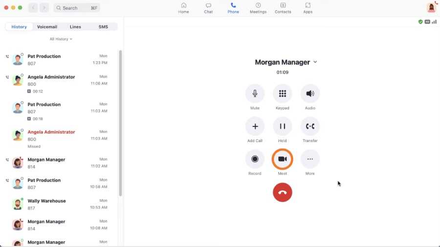A look at the Zoom Phone user interface for turning calls into video conferences.