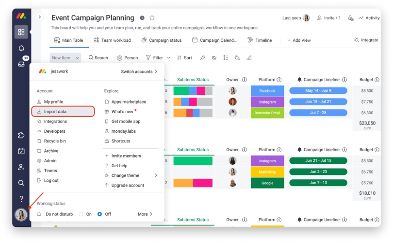 An example of a monday sales CRM item board for Facebook campaign.