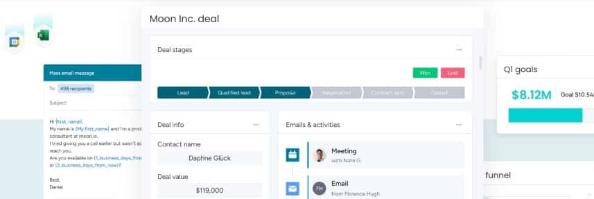An overview of what monday sales CRM's mass email messaging, deal pipeline, and sales dashboard look like.