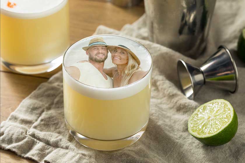 Beverage topped with a printed image of a couple.