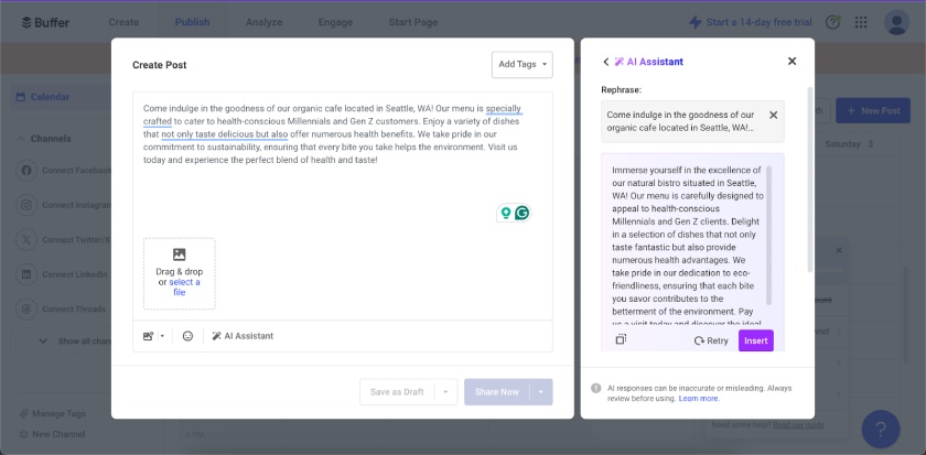 Buffer's AI assistant generating social media copies.