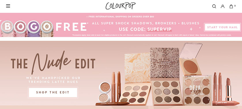 ColourPop Cosmetics shop page.