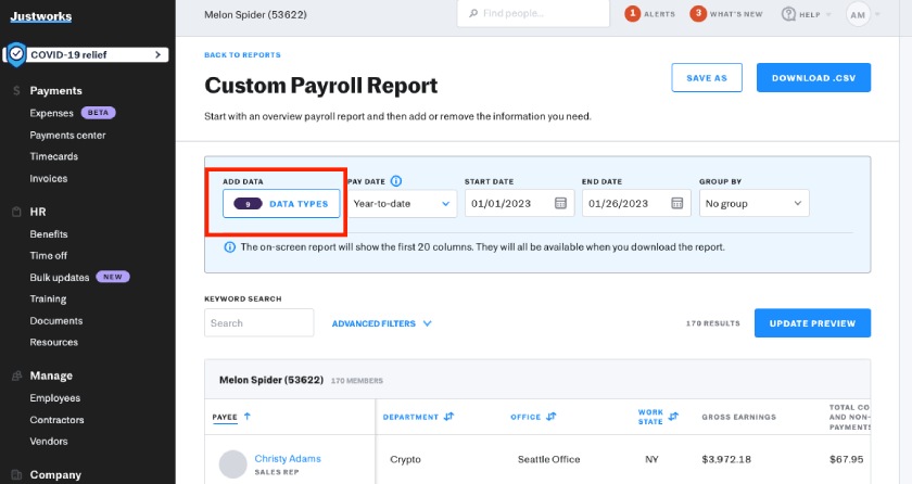 Custom payroll report per employee with data types, pay date, start and end dates, and sorting by group.
