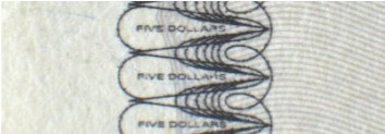 “FIVE DOLLARS” repeated inside the borders of the note.
