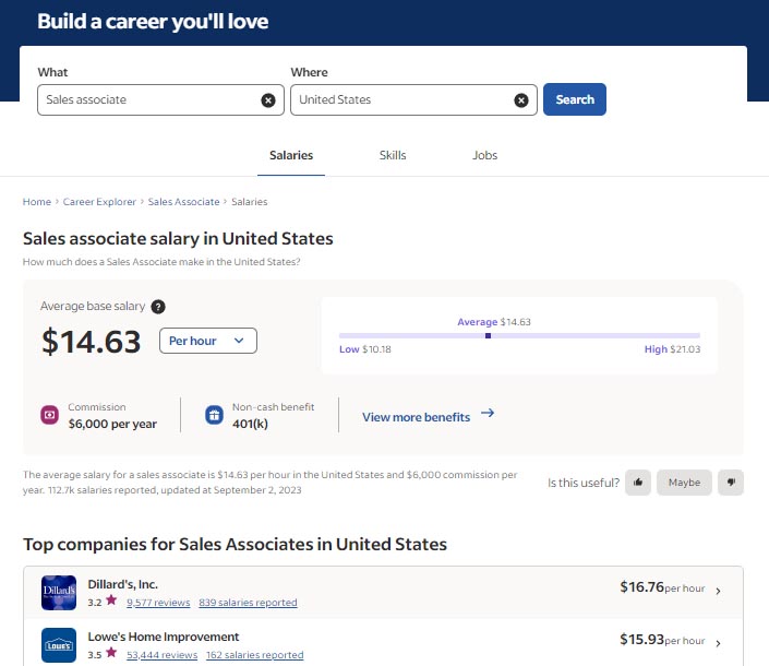 Image of Indeed salary report for sales associates in the US with average wages and top companies.