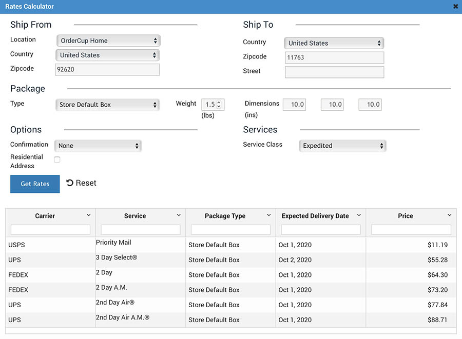 A screenshot of OrderCup's rate calculator tool showing different shipping rates to send a 1.5-pound package.