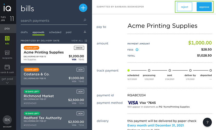 Screenshot of Plastiq's dashboard that shows bill payments.