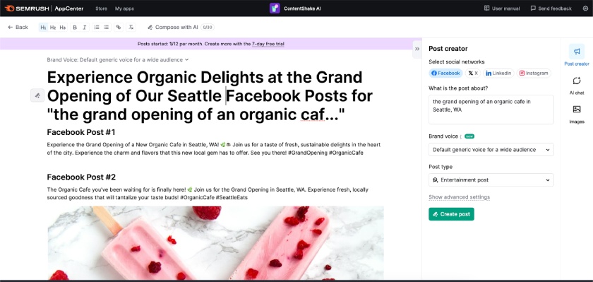 Sample social media posts generated by Semrush ContentShake AI.