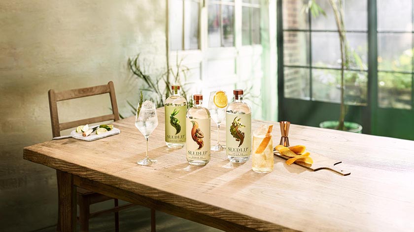 Seedlip-brand spirits arranged on a table.