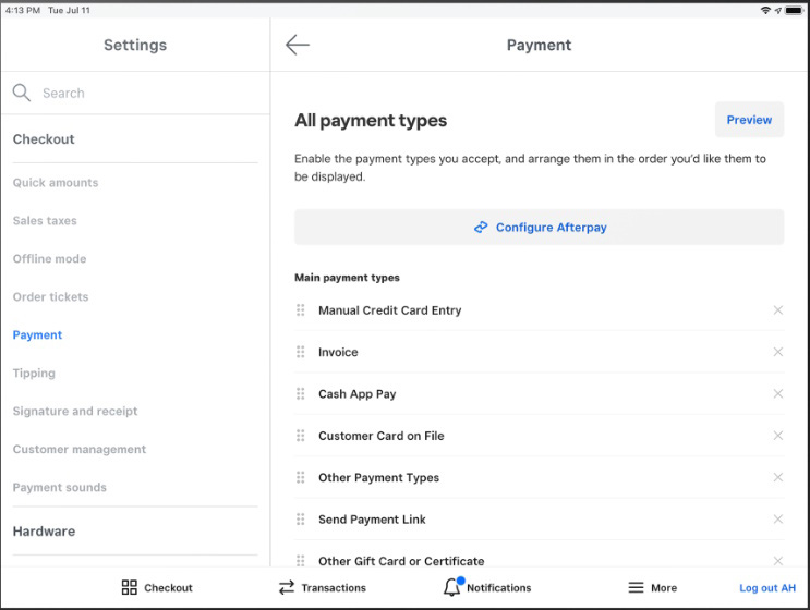 Square mobile Afterpay settings screen.