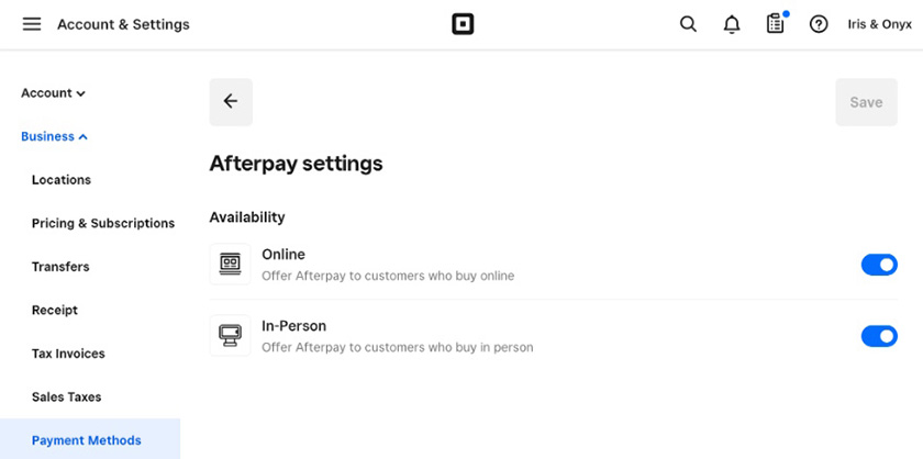Square PC dashboard Afterpay settings with toggle switches.