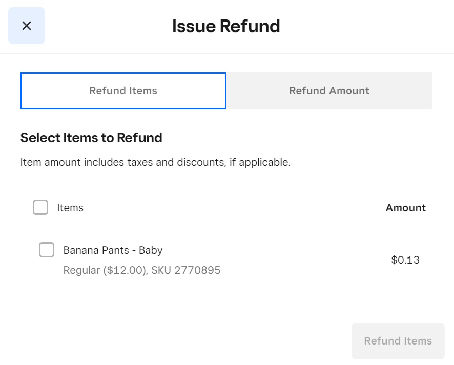 Square Retail issue refund screen with list of items and amounts.