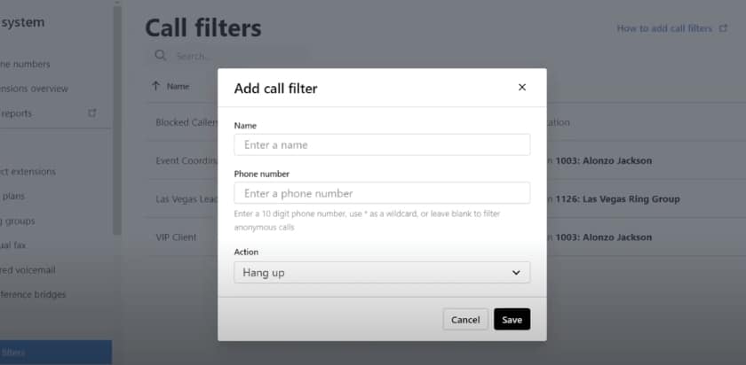 The GoTo Connect admin settings for setting up call filters.