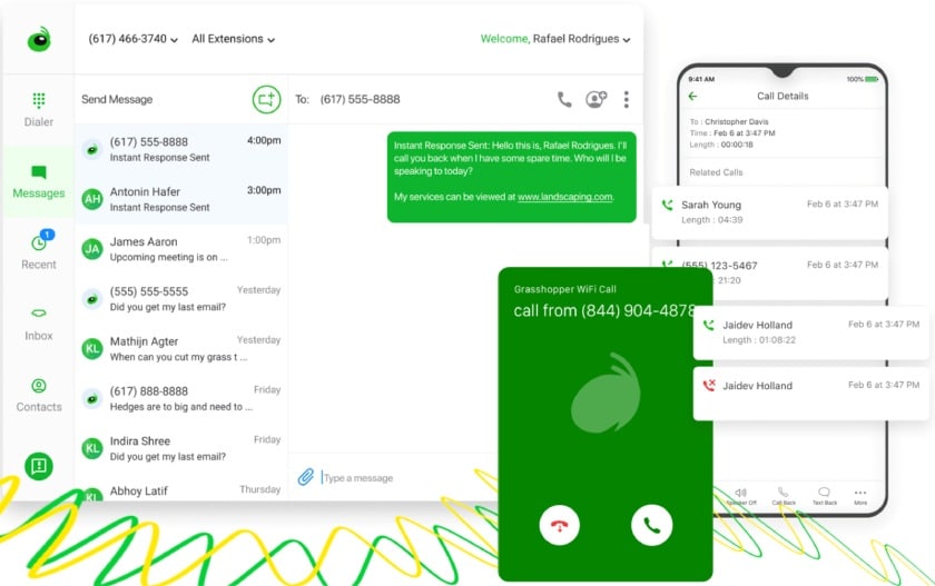 The Grasshopper desktop and mobile app interface for instant response, Wi-Fi calling, and call logs.
