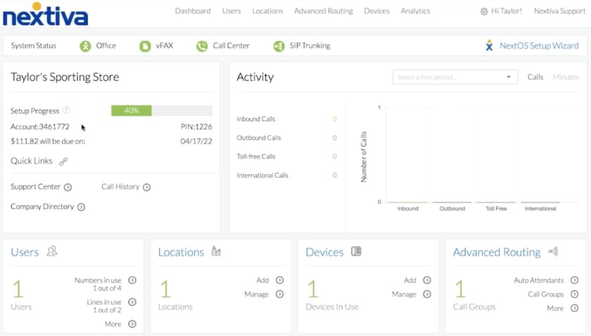 The Nextiva Voice user portal with widgets for account status, activity logs, users, locations, and devices.