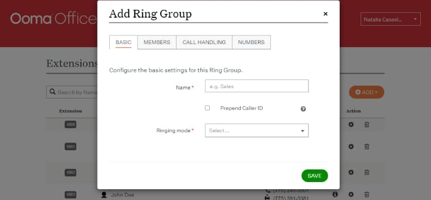 The Ooma Office settings for adding a new ring group via a web browser.