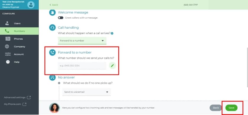 The Phone.com web interface displaying the call handling settings for setting up forwarding numbers.