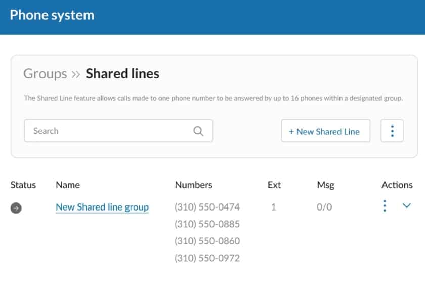 The RingCentral configuration settings for adding new shared lines in a group.