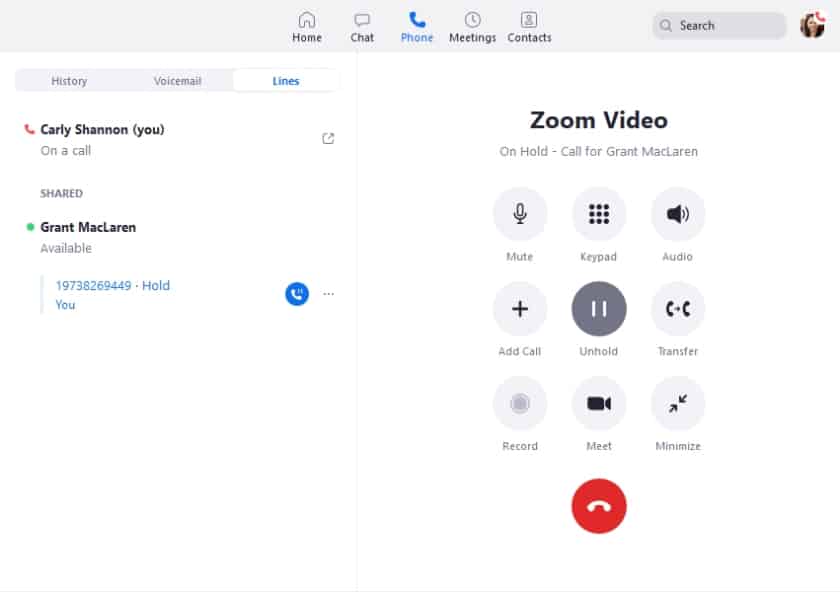 The Zoom desktop client displaying the ongoing call screen and available lines.