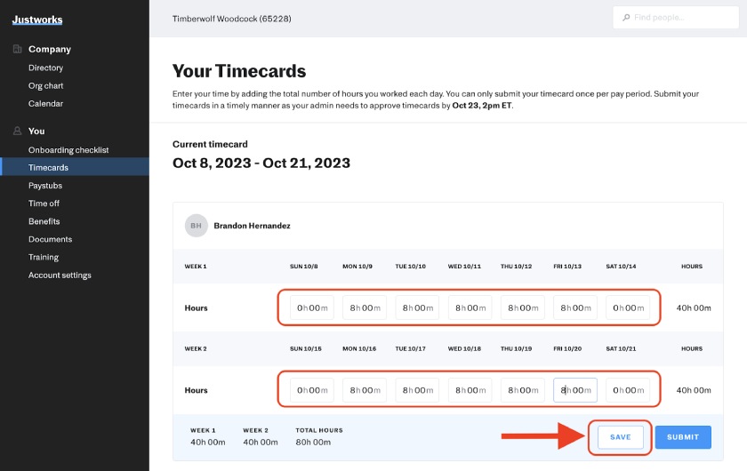 Timecard entry showing input for each day during a set date range.