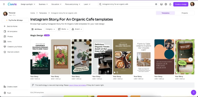 Various Instagram Story templates generated by Canva's Magic Design Tool.
