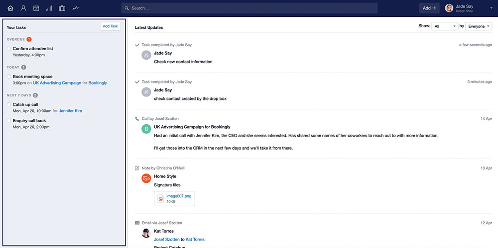 Viewing the home page interface in Capsule CRM.
